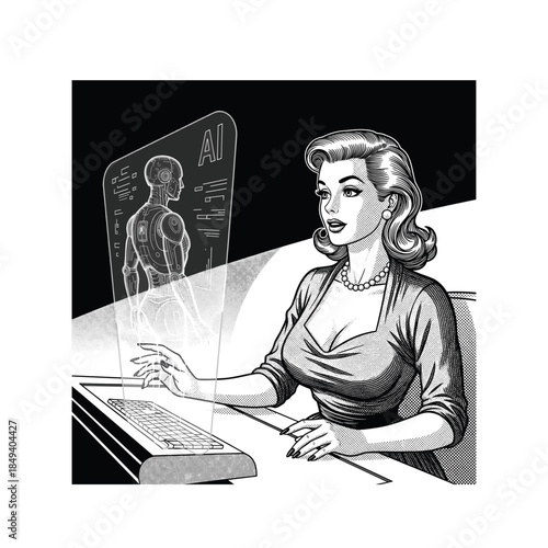 Vintage Style Woman and AI Hologram
