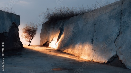 Concrete walls define a path to a solitary tree, bathed in the warmth of the setting sun