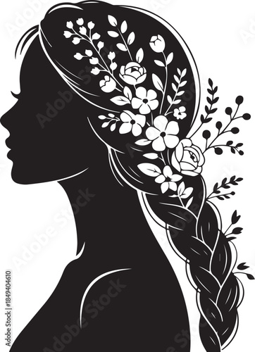 Black silhouette profile of woman with braided hair adorned with white flowers and leaves