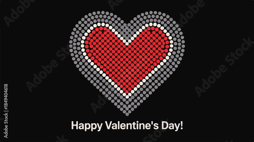 Valentine's Day greeting card design featuring a heart-shaped diamond pattern with red center and silver border