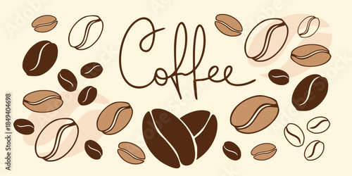 Hand drawn coffee lettering with scattered coffee beans in warm brown tones on a light background