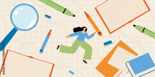 Investigation and learning concept with a person running among stationery items
