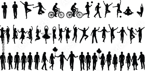 Human activity silhouette collection, diverse poses, expressive movement, social interaction, lifestyle concept, black icon illustration, dynamic figure set, flat vector