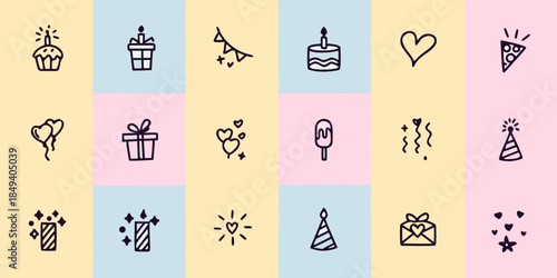 A collection of hand drawn birthday icons and celebratory elements in pastel colors