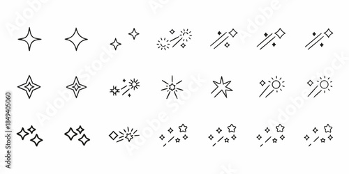 Variety of sparkling star and light effect line icons arranged in rows