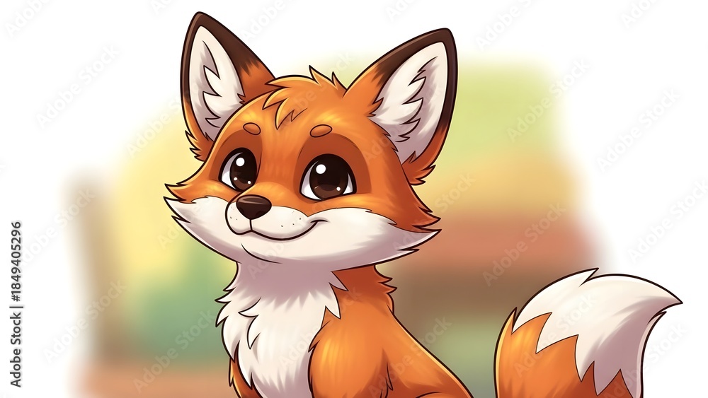 Obraz premium Adorable orange fox character in a friendly pose with big expressive eyes. Suitable for stickers, children's educational material, and wildlife-themed mascot branding.