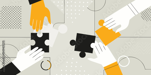 Hands connecting puzzle pieces symbolizing collaboration and problem solving concepts