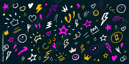 A vibrant and playful pattern of hand drawn doodles and colorful shapes