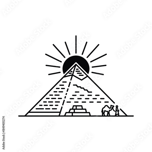 Ancient pyramid landscape with camel and person under sun