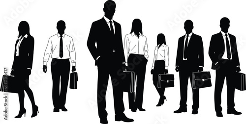 Business professionals silhouette with briefcases, formal attire, corporate workforce, professional group, workplace diversity, black icon illustration, team concept, flat vector