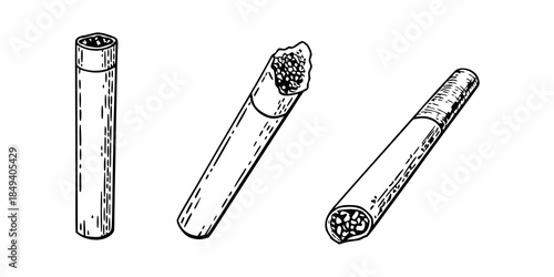Three illustrations of cigars in varying stages of use and presentation