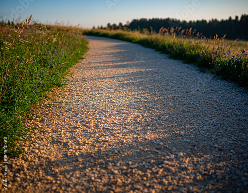 Winding Gravel Path at Sunset: Golden Hour Light and Long Shadows on a Scenic Field Trail