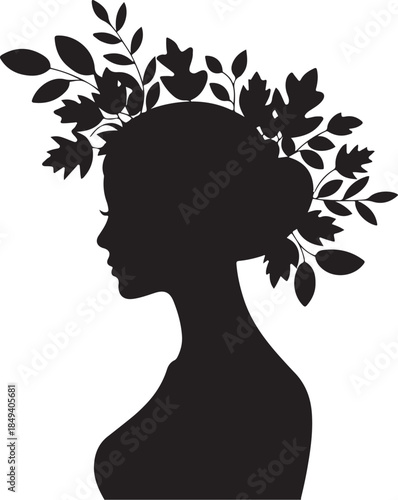 Black silhouette of woman with floral crown profile