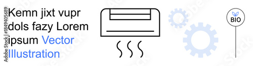 Climate control, technology, energy efficiency, sustainability, eco-friendly, heating systems. Air conditioner emitting warm air, gears and a leaf bio symbol. Climate control and technology concepts