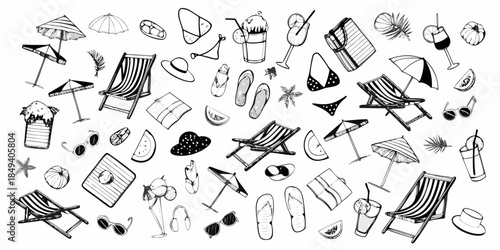 A charming doodle illustration featuring summer essentials and beach vacation items