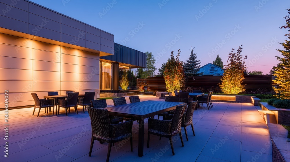 Fototapeta premium Contemporary rooftop patio at dusk featuring warm-lit dining tables, lounge chairs, and landscaped trees. Now