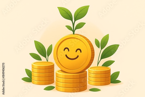 Happy Coin with Smiling Face Surrounded by Green Leaves and Stacks of Coins