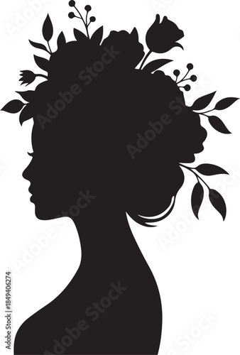 Black silhouette of a woman's profile adorned with flowers