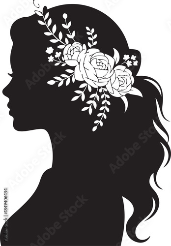 Black silhouette of a woman with flowers in her hair