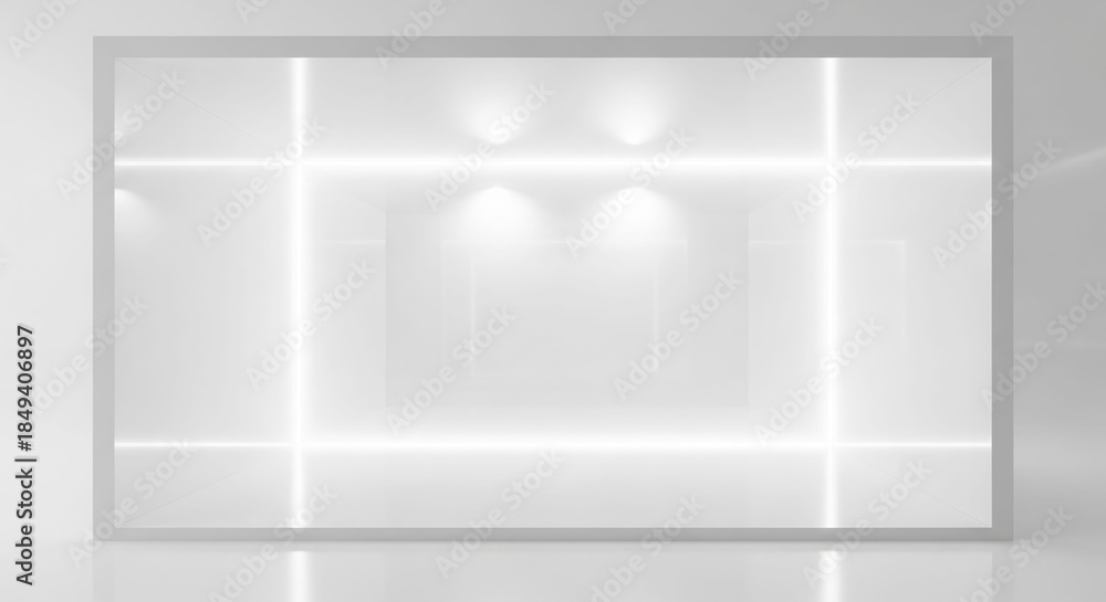 Fototapeta premium Modern minimalist white exhibition booth with bright LED strip lighting and spotlights.