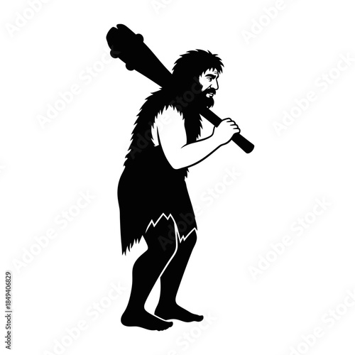 Prehistoric Caveman Holding Club Human Black Silhouette Vector Icon Isolated on White Background for History Design