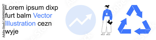 Sustainability, business growth, analytics, teamwork, environmental awareness, professional goals. Circular arrow symbol, upward graph person with clipboard. Sustainability and business growth