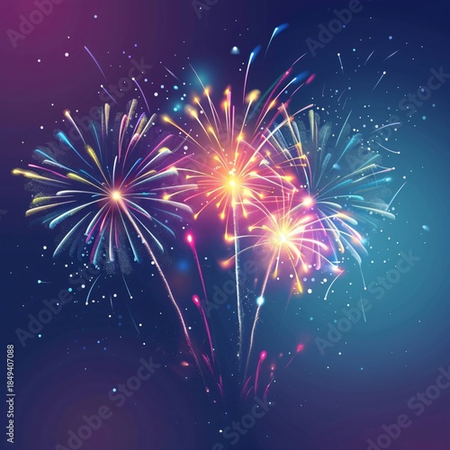 Vibrant red fireworks explosion illuminating the dark night sky for a festive New Year celebration party with abstract pyrotechnics and light stars