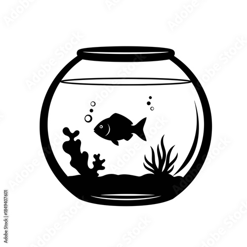 Fish Bowl Round Aquarium Pet Home Glass Black Silhouette Vector Icon Isolated on White Background for Animal Design