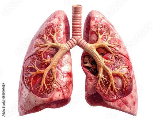 A detailed, realistic depiction of human lungs, highlighting bronchi and structure