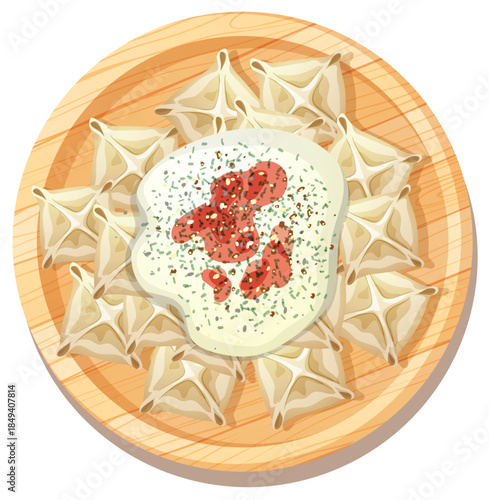 Traditional Dumplings with Yogurt Sauce on Wooden Plate