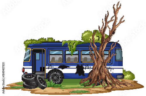 Abandoned Blue Bus Overtaken by Tree and Moss