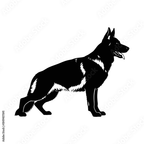German Shepherd Dog Standing Profile Breed Black Silhouette Vector Icon Isolated on White Background for Police K9