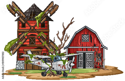 Abandoned Farm with Crashed Airplane and Old Windmill