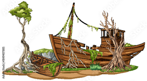 Old Abandoned Wooden Boats in Overgrown Coastal Landscape