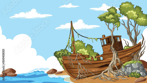 Abandoned Wooden Shipwreck Overtaken by Coastal Trees