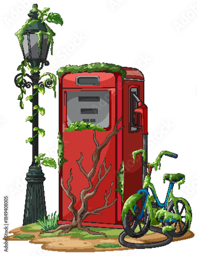 Overgrown Gas Pump with Bicycle and Lamp Post