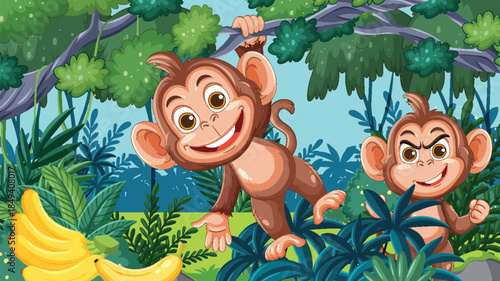 Playful Monkeys Swinging in Lush Jungle with Bananas