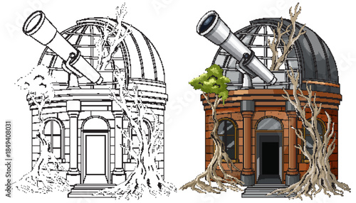 Abandoned Brick Observatory Overgrown With Tree Roots and Telescope