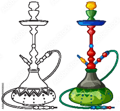 Colorful Hookah Illustration with Outline and Filled Versions