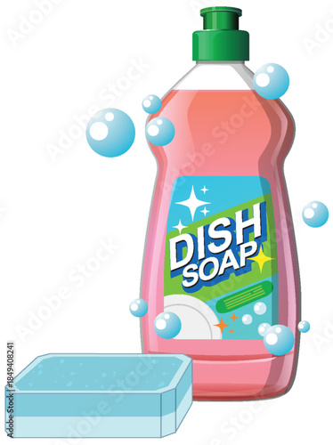 Dish Soap Bottle and Sponge with Bubbles Vector