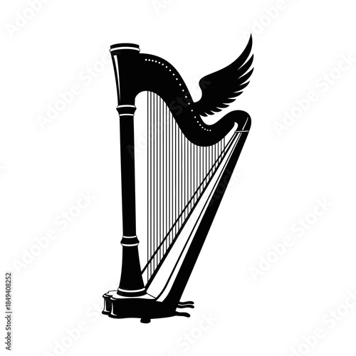 Harp Classical String Instrument Angel Music Black Silhouette Vector Icon Isolated on White Background for Concert Design
