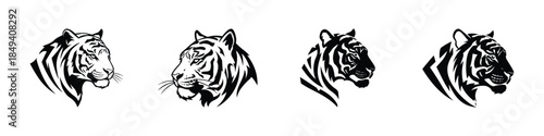 Dynamic Black and White Tiger Head Icons Representing Strength and Wilderness