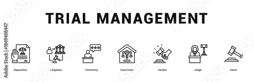 Trial Management Modern and clean web banner illustration featuring thematic icons for visual communication