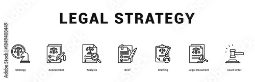 Legal Strategy Modern and clean web banner illustration featuring thematic icons for visual communication