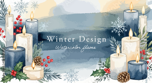 冬の水彩キャンドルフレーム｜青系カラーの上品な背景デザイン
