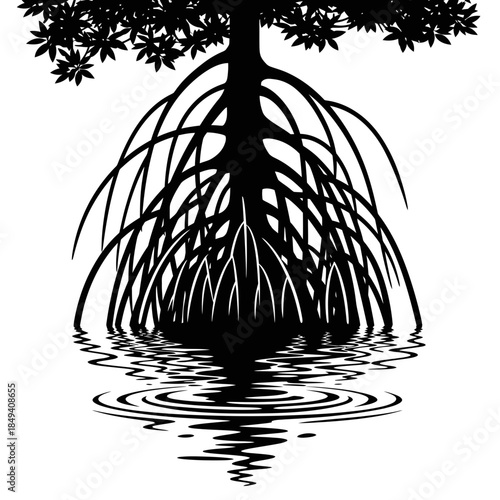 Mangrove Tree Roots In Water Swamp Nature Black Silhouette Vector Icon Isolated on White Background for Wetland Design
