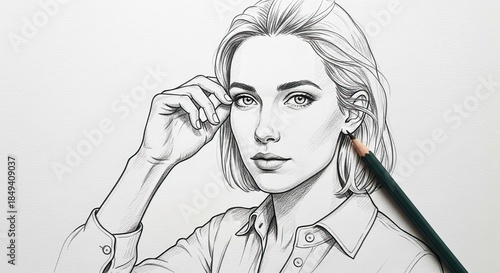 A pencil drawing of a woman with short blonde hair, wearing a collared shirt, holding a pencil in her right hand.