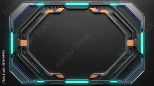 Futuristic Hexagonal Frame with Neon Lights and Metallic Details