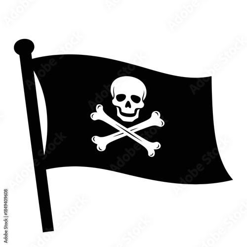 Pirate Flag Skull And Crossbones Danger Black Silhouette Vector Icon Isolated on White Background for Jolly Roger