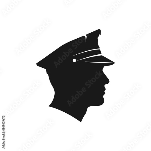 Police Officer Head Wearing Cap Security Avatar Black Silhouette Vector Icon Isolated on White Background for Law Design